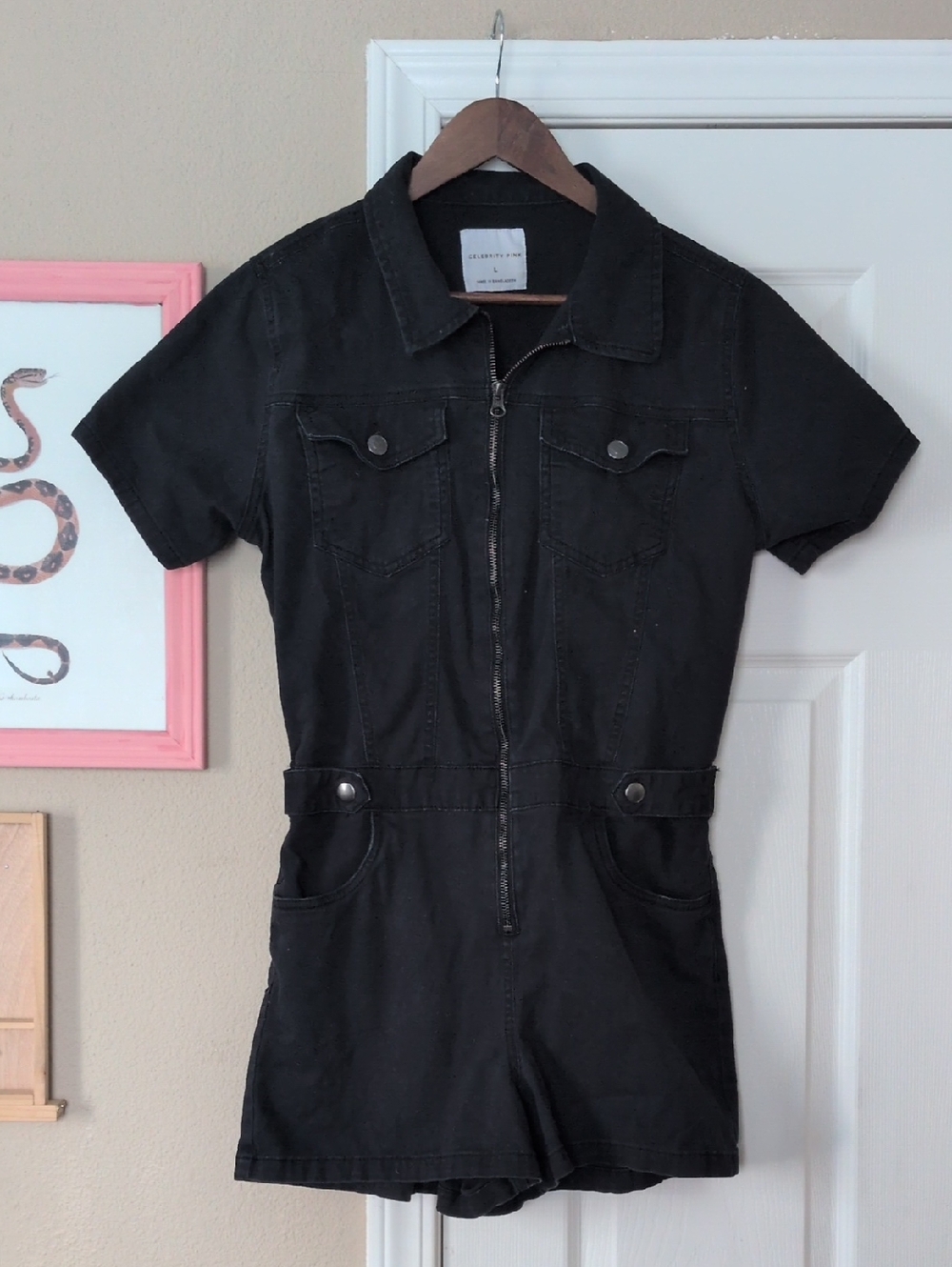 Celebrity Pink Black Short Sleeve Zip-Front Romper